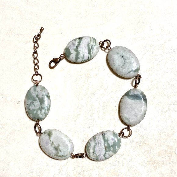 2/$20, Green Flower Agate Boho Bracelet, Large Genuine Gemstone + Copper Links - Picture 2 of 14